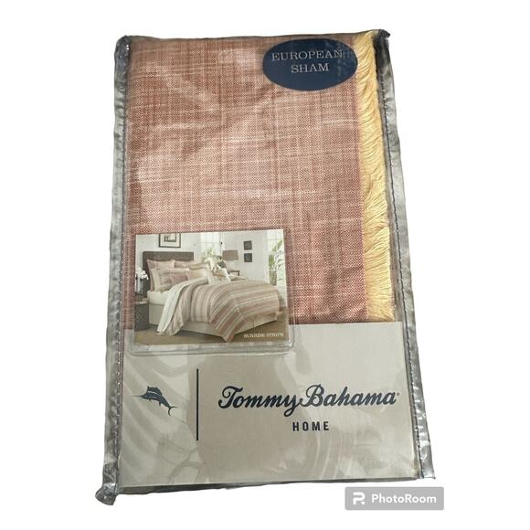 Tommy Bahama Home Pillow Sham Euro Sunrise Stripe 26x26 Coral Tropical Fringe - Picture 1 of 5